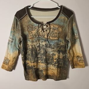 Vintage Wild West Graphic Lace-Up Top Western Cowgirl Size Medium
